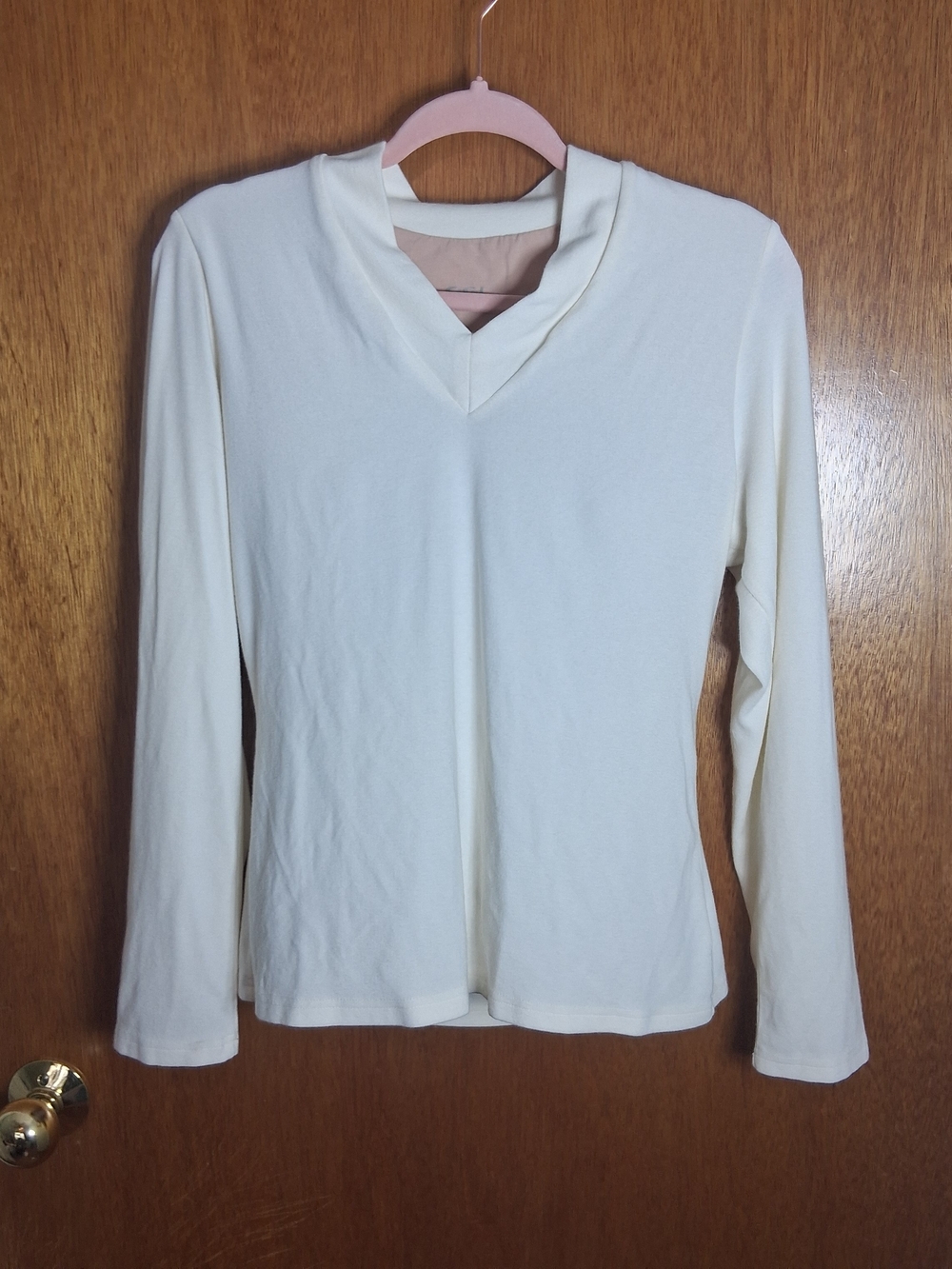 OGL Women's Cream V-Neck Long Sleeve Top Built In Bra Minimalist XL Capsule
